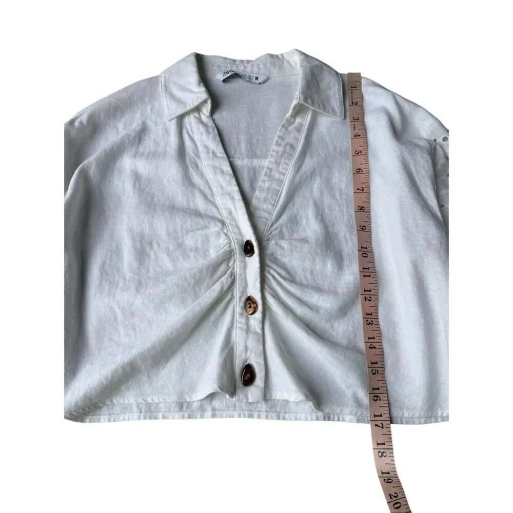 ZARA White Linen Blend Eyelet Long Sleeve Crop Top Size M